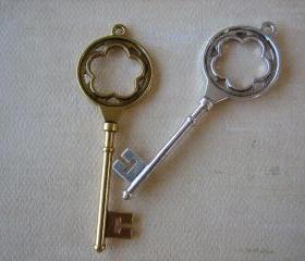 2PCS - Antique Silver & Gold Color Key Charms - Lead and Nickel Free - 77mm - Findings by ZARDENIA