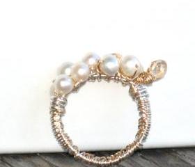 Unique Cocktail Ring wire wrapped Sterling Silver Gold filled Pearls Swarovski Crystals -Tears of joy - Mother's Day gift for her under 50