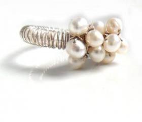 Unique cocktail Ring, White Pearls sterling silver wrapped -Cluster of Joy - Bridal pearl cluster Mother's day gift for her under 30