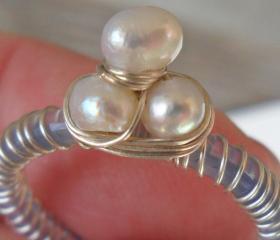 Unique Cocktail Ring Sterling Silver wire wrapped Agate cultured white pearls OOAK ring lavender bridal gift for her under 20