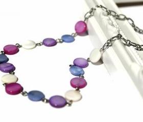 Pastel necklace. Fashion necklace in dots of blue, purple, fuchsia and white lake shell beads: chic, simple and classy. Ready to ship.