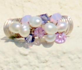 Unique Cocktail Ring sterling silver wrapped cultured white potato pearls swarosvki crystals lavender Agate ring Fashion Valentine's gift