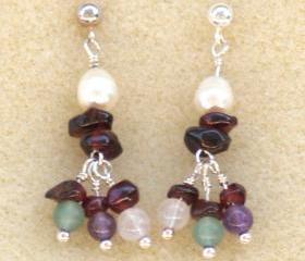Dangle Earrings Multi Gemstones, Sterling silver, White pearls, January birthstone garnet amethyst jade cream quartz
