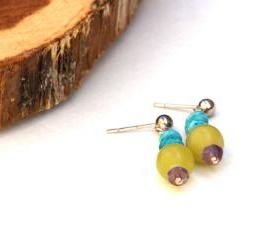 Amethyst jade dangle earrings, sterling silver round bead ear stud - Shapes - Gift for her under 15