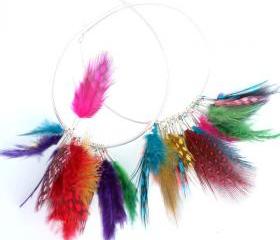 Hoop Earrings Feathers Sterling Silver hoops with colorful mini feathers mixed colors Boho Rainbow Earrings Gift for her