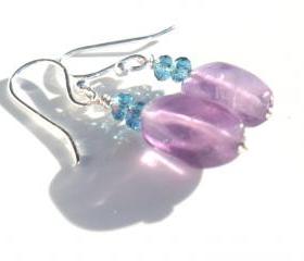 Sterling Silver fishhook Earrings Amethyst Aquamarine crystal Dangle earrings Mother's Day Easter gift for her under 15
