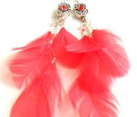 Feather Earrings Sterling Silver swarovski crystal Coral reef feather dangle High Fashion Trendy coral reef Gift for her under 25