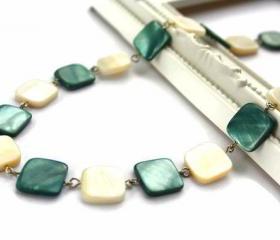 Fashion necklace in teal and natural white lake shells beads: chic, simple and classy. Ready to ship.