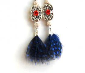 Feather Earrings Sterling Silver swarovski crystal Royal blue feather dangle High Fashion Trendy coral reef Gift for her under 20
