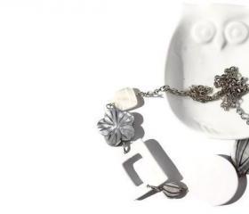 Chunky necklace in white and gray lake shells and wood beads. Ready to ship.