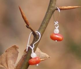 Dangle earrings sterling silver red coral moonstone Valentine's gift for her under 10 fashion
