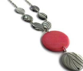 Pink Necklace with Black and White Shells and Wood Pendant. Pendant necklace. Wood necklace.