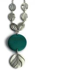 Chunky necklace in turquoise blue, black and white lake shells and wood beads. Pendant necklace. Wood necklace.