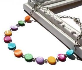 Rainbow necklace with lake shell beads, Colorful Polka Dots Necklace. Ready to ship.