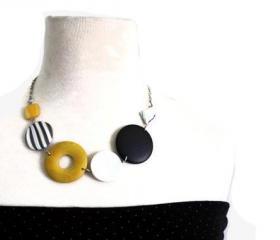 Chunky necklace in yellow, black and white lake shells and wood beads. Colorful necklace. Ready to ship.