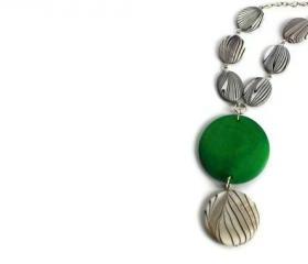 Lime Green Chunky Necklace with Black and White Lake Shells Beads. Pendant Necklace. Wood Necklace.