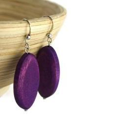 Wood Earrings with Grape Purple Wood Beads. Purple Beaded Earrings with Nickel Free Hooks.