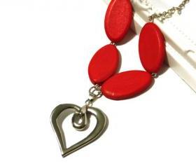 Red Wood Necklace with a Heart Pendant. Ready to Ship.
