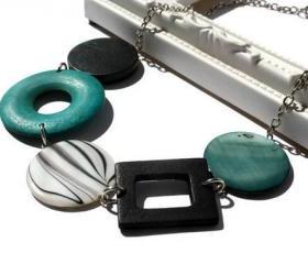 Chunky necklace in teal, black and white lake shells and wood beads. Colorful necklace. Ready to ship.