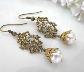 Vintage Style Brass Daisy And Leaf Filigree With White Glass Pearls Bridal Earrings - Bridal Jewelry, Vintage Wedding, Bridesmaid Earrings