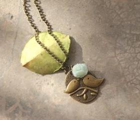 Birds charm necklace in light green rose Bronze necklace 