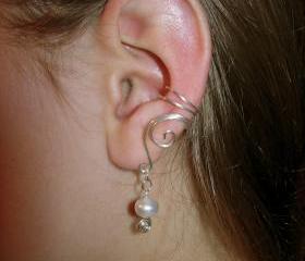 Pair of Solid Sterling Silver Ear Cuffs with Genuine Fresh Water Pearls