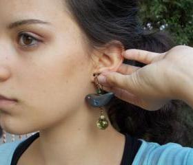 Blue Birds and Pumpkins earrings, handmade polymer clay beads, carved howlite stone melons, organic nature inspired unique