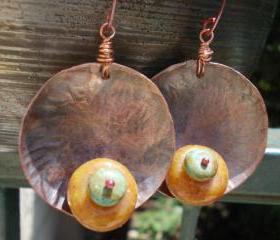 Indian Spices, forged hammered tribal earrings, polymer clay, natural turquoise, the primitive line, ancient metal art, mixed media jewelry