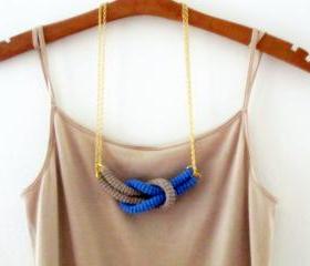 Together, crochet knot necklace. Nautical knot necklace. Blue and sand cotton yarn