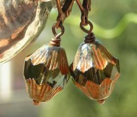 Beaded earrings, Antiqued copper and Czech glass beads, rustic vintage shabby chic, on leverback ear wires, small dangles