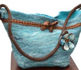 Merino and felt teal handbag with pearl shell brooch