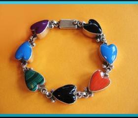 Vintage Sterling Silver Multi- Stone Heart Taxco Bracelet