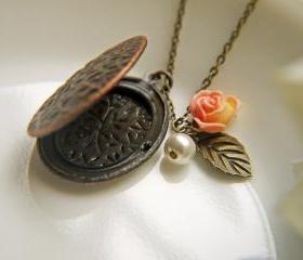 Embossed Vine Locket Necklace In Antique Brass Finish