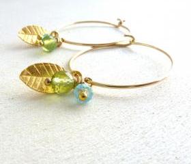 Leaf Earrings in Gold Filled with Apatite and Peridot