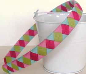 Girls Headband Woven: half inch headband hand woven from blue, pinks, and kiwi