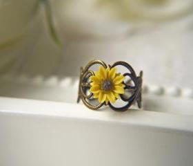 I Heart Sunflower Ring. Bright Yellow Sunflower. Available In Antique Brass