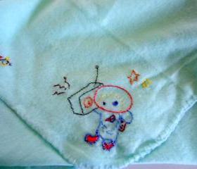 Fleece Baby Blanket Mint Green With Embroidered Space Motifs