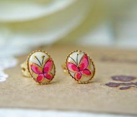 Vintage Butterfly Glass Cabochon Post Earrings. Gold Frame Bezel Setting