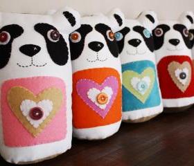 BOObeloobie PANDAmonium Panda Bear in Orange, Pink, white, black and tan denim detail