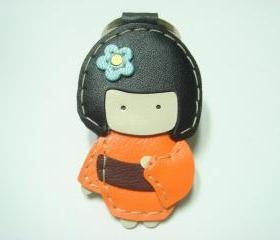Sakura the Geisha Doll leather keychain ( Orange )