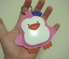 Leather Keychain - BIG Perry the Penguin Leather charm ( Pink)