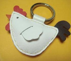 Leather keychain - Rebacca the Rooster Leather Charm ( White )