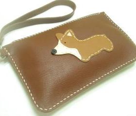 NaNa the Corgi leather Wristlet ( Dark Brown )
