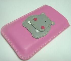 Hugo the Hippo iPhone Leather case ( Pink and Grey )
