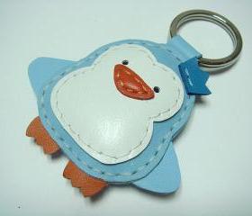 Leather Keychain - Perry the Penguin Leather Charm ( Light Blue )