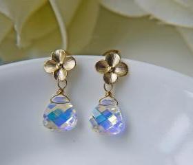 Sale. Matte Gold Petite Hydrangea And Swarovski Crystal Earrings. Aurora Borealis
