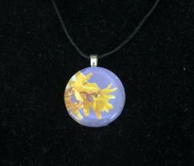 Yellow and Purple Glass Pendant on Black Cord