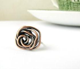Rose coctail ring . Copper and silver . Modern boho