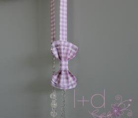 Women's Pink & Tan Gingham Bowtie Necklace