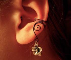 Pair of Hematite Ear Cuffs with Whimsical Five Petal Flower Charms